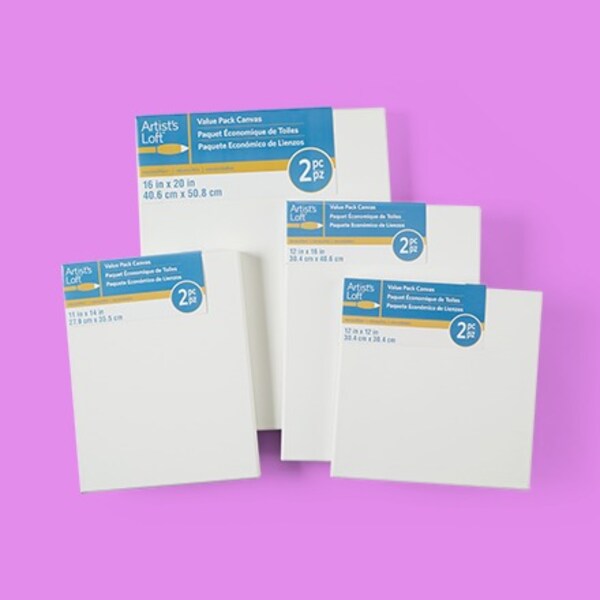 four blank canvas packs on purple background